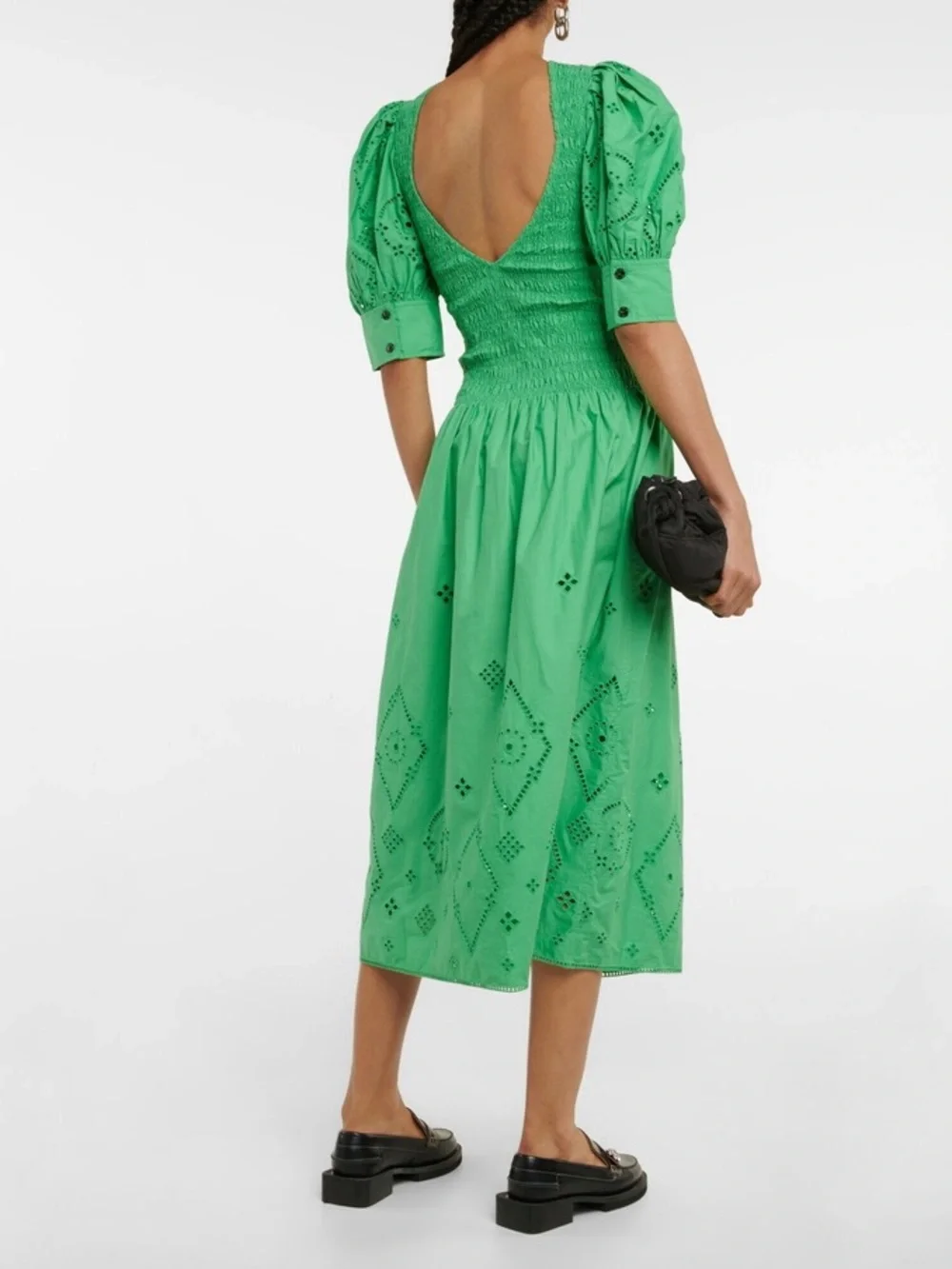 Ganni Women’s Kelly Green Broderie Anglaise Cotton Midi Dress—10/12